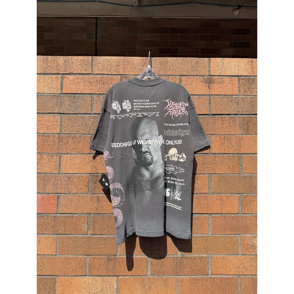 Darc Sport x WWE Stone Cold Law Oversized Tee Shirt Gray Drift Wash Austin 3:16